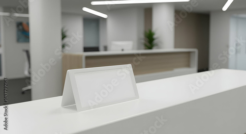 Modern Office Reception Desk Blank Sign Mockup Template photo