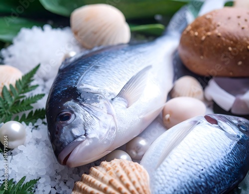 Fresh Gilthead Seabream with Seashells and Pearls photo