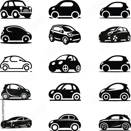 A minimalist black silhouette of a compact car.eps