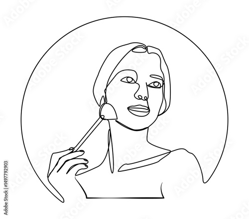 Continuous one line drawing of a young woman applying makeup with a brush. Elegant minimalist illustration of beauty, cosmetics, skin care, self care etc.