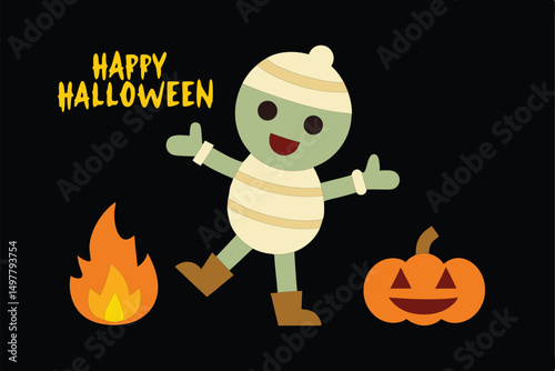 Cartoon Mummy Dancing by Bonfire with Candy and Pumpkins – Fun Halloween Art on White Background