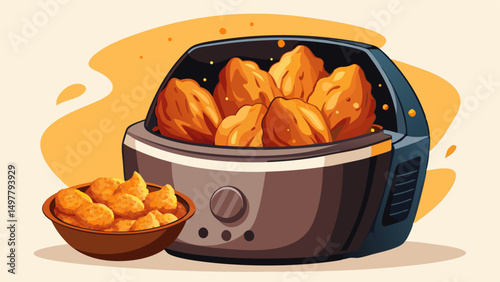 Crispy Fried Chicken Pieces in Air Fryer with Bowl of Snacks