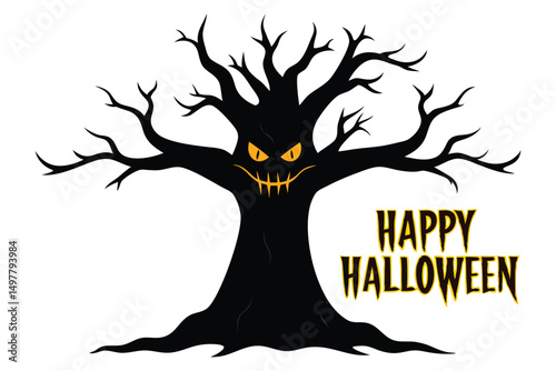 Spooky Tree with Glowing Eyes and "Happy Halloween" Text on Trunk – Creepy Art on White Background