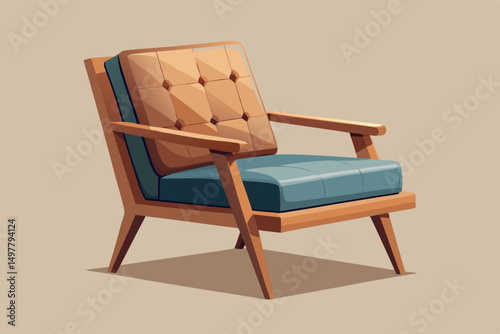 Mid Century Modern Armchair Teal and Beige Upholstery