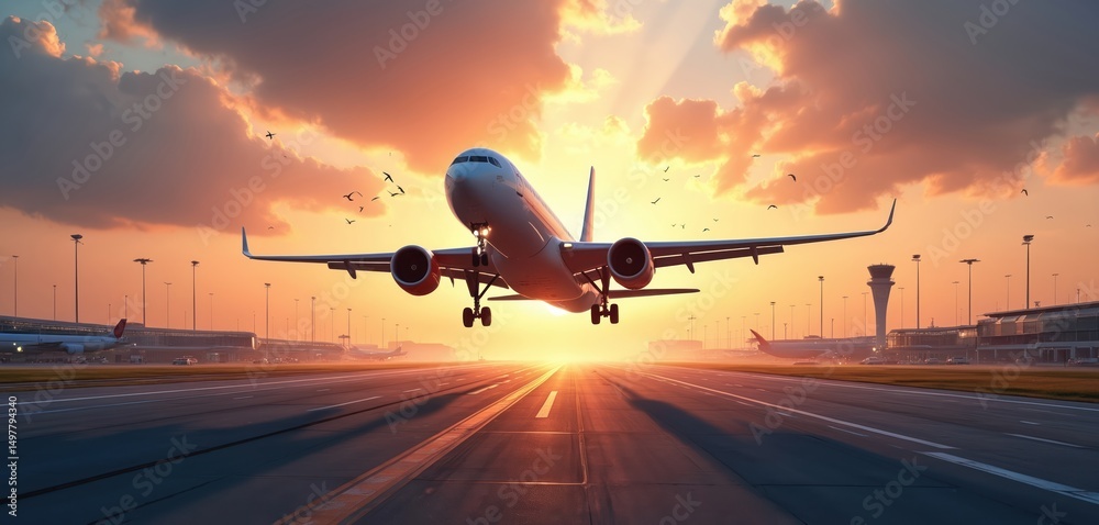 Fototapeta premium Airplane taking off airport runway against sunset. Commercial flight on departure, air travel, vacation. Airline jet aircraft in sky. Concept of air transportation, journey, tourism, business trip.