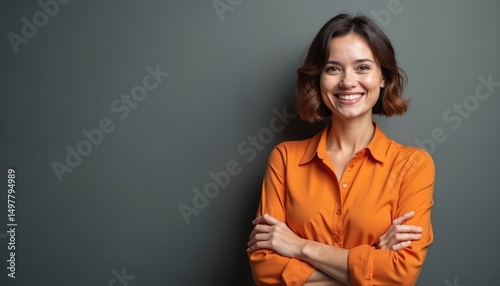 Happy businesswoman portrait in orange shirt crossing arms smiling. Attractive female face with a cheerful expression against a grey background. Confident model demonstrates business success.