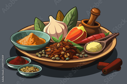 Assortment of Aromatic Spices and Herbs on Wooden Plate