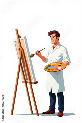  Cartoon man artist painting on canvas easel holding palette, isolated on white background, vector illustration
