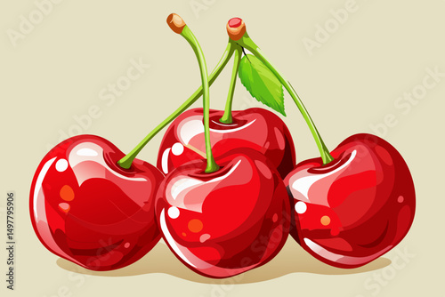 Four Shiny Red Cherries with Green Stems and Leaf