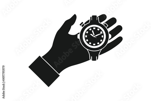 hand holding a stopwatch isolated in retro halftone black and white collage element for mixed media design vintage dotted pop art style grunge punk crazy