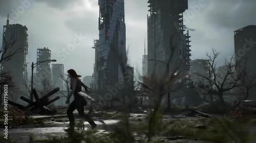 Woman Walks Through Post Apocalyptic City Landscape Digital Art Style Animation