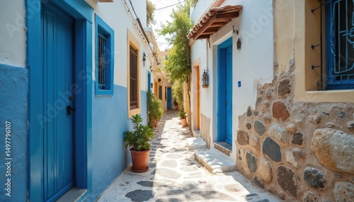 Fototapeta Naklejka Na Ścianę i Meble -  Charming Santorini alley with iconic blue white architecture. Picturesque narrow street, stone pathway. Traditional greek village vibe, travel destination, summer vacation. Coastal journey, beautiful