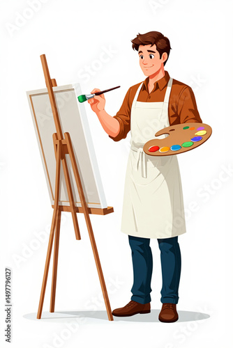 Cartoon Artist Painting on Canvas with Easel and Palette