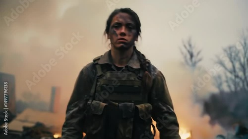 Determined Female Soldier Walking Through Destruction Aftermath in War Zone Dramatic