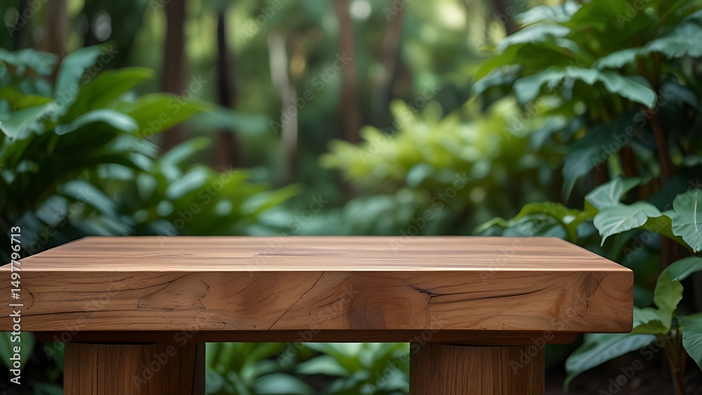 Naklejka premium Wooden table with green foliage blurred background displaying product presentation and natural theme
