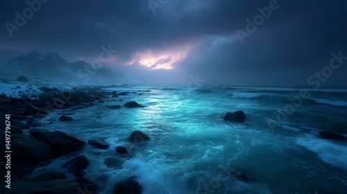 A stormy ocean crashes against a frozen Icelandic shore at twilight beneath dark clouds
