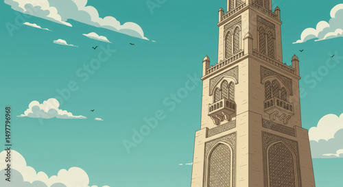 Islamic Minaret Vector Illustration with Blue Sky – Flat Style Heritage Architecture