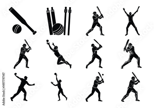 Cricket Silhouette Vector Set – Batsman, Bowler, Fielder & Equipment Icons in EPS Format