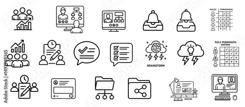 integrated growth tools concept. Collection of business and workflow icons in line art style.
