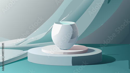 Elegant White Vase on Teal Platform with Flowing Fabric