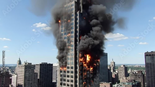 Skyscraper Fire Burns in City Aerial View Dramatic Scene