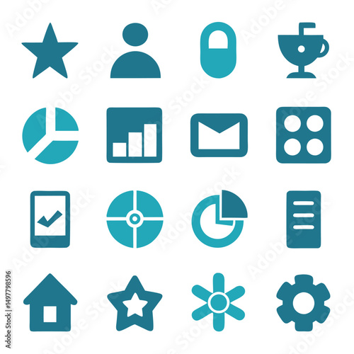 Diverse Icon Set Representing Various Actions and Elements in Teal