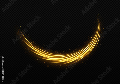 Luminous wavy trail with sparkling particles and golden light effect. Magical flow of dust on transparent background.