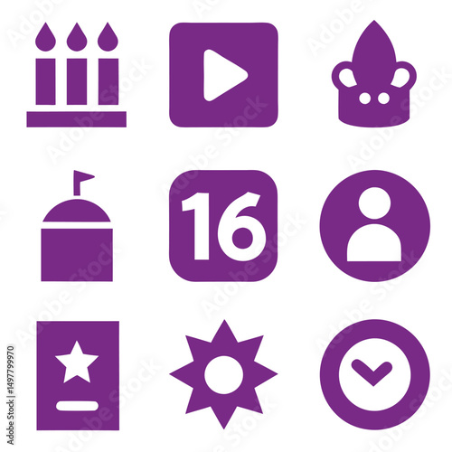 Purple icon set featuring candles, play button, jester hat, and more