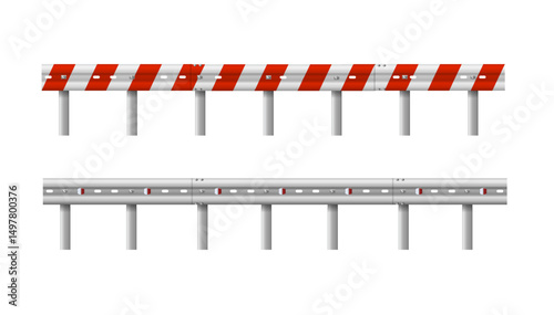 Metallic road barrier fence. 3d roadblock for safety on highway. Metallic road barrier fence. Vector