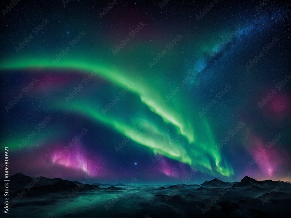 Wundervolle Polarlichter in Grüntönen über verschneiten Bergen unter dem klaren Sternenhimmel – ein beeindruckendes Naturwunder der Arktis Wundervolle Polarlichter in Grüntönen über verschneiten Bergen unter dem klaren Sternenhimmel – ein beeindruckendes Naturwunder der Arktis