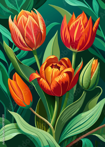 Vibrant Orange Tulips Blooming in Lush Green Foliage