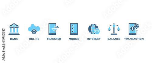 Online banking banner web icon vector illustration concept with icon of account, online payment, transfer funds, mobile banking, internet banking, balance check, transaction report, global transfer