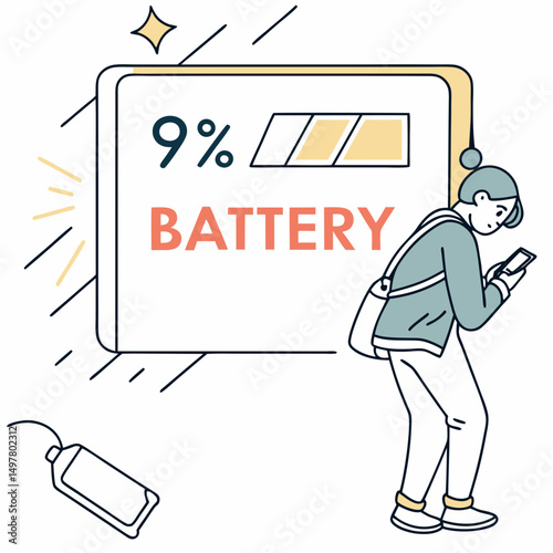 Low battery person using smartphone needs charging power bank
