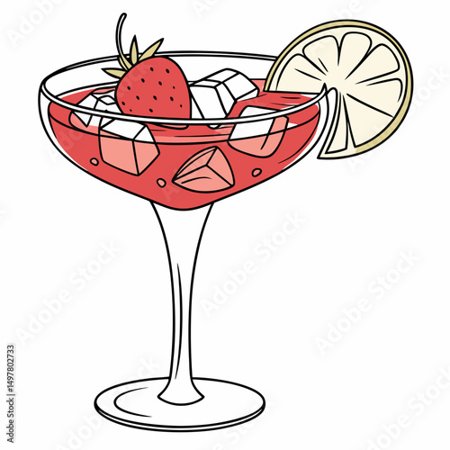 Refreshing strawberry cocktail with ice and lemon garnish