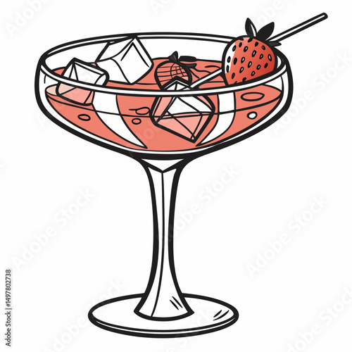 Strawberry cocktail in coupe glass with ice cubes