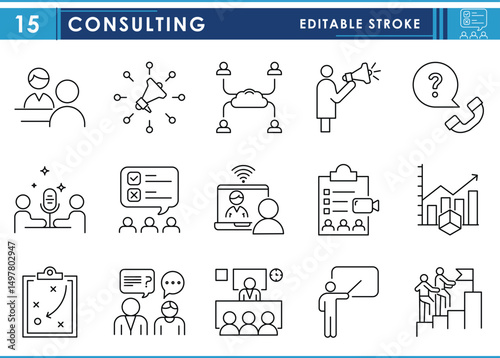 A set of line icons related to consulting. Consult, consultant, survey, teach, assist, microphone, marketing, and so on. Vector editable stroke.