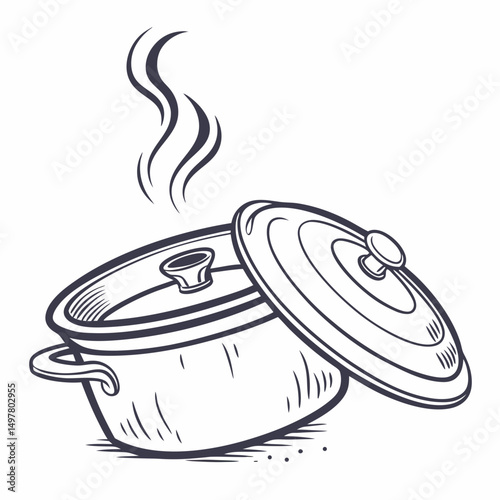 Steaming pot with lid ajar kitchen cooking food preparation culinary illustration
