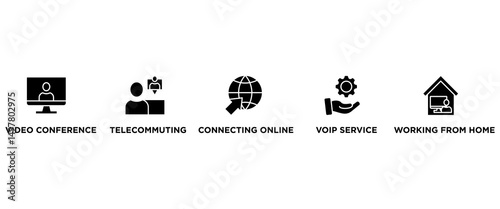 Remote working banner web icon vector illustration concept for working at home with icon of video conference, telecommuting, connecting online, voip, and working from home
