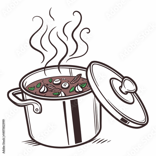 Steaming pot of delicious homemade soup with vegetables and herbs