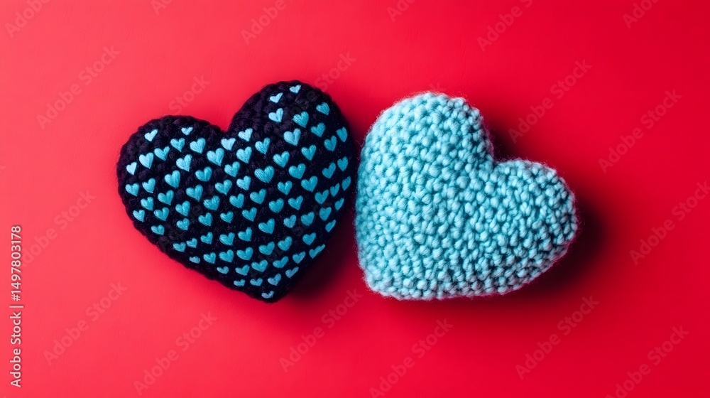 Obraz premium Two Knitted Hearts Valentines Day Love Red Background