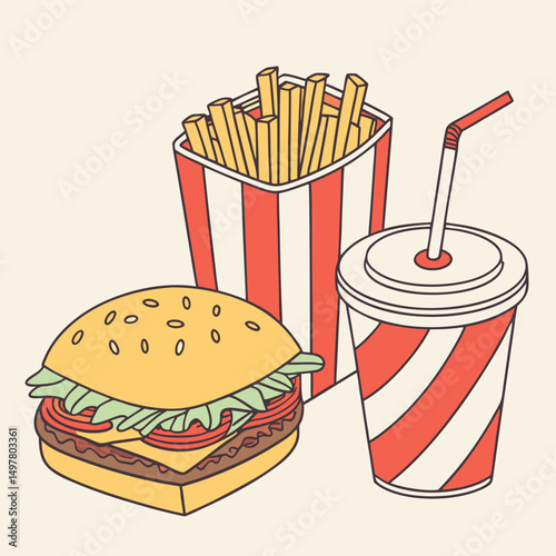 Delicious burger fries soda combo fast food meal