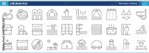A set of line icons related to Swimming. Swim, water park, indoor, sea, lake, summer, and so on. Vector editable stroke.