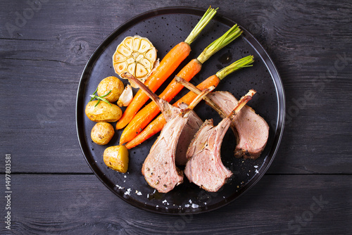 Lamb chops with carrots and potatoes, black background. Roasted rack of lamb. High angle view