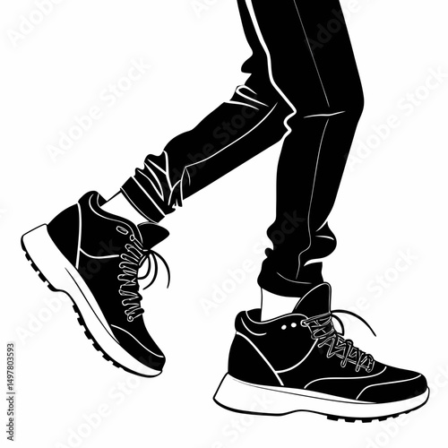 Black and white illustration of legs in pants and trendy sneakers walking