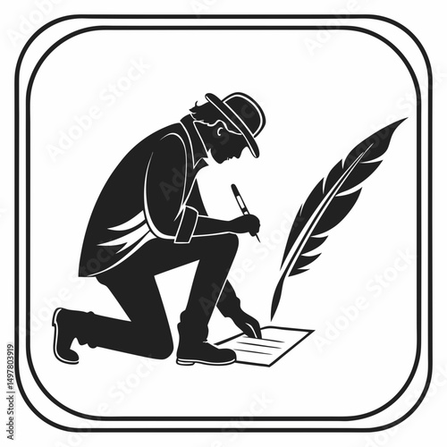 Man kneeling writing with quill pen and paper icon