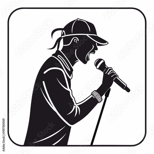 Professional silhouette of a singer with microphone on white background