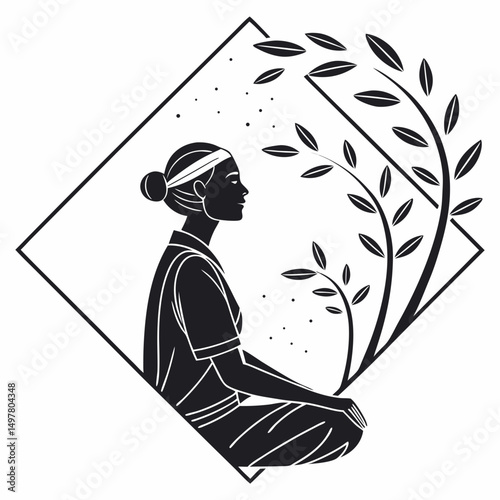 Woman meditating peacefully nature leaves minimalist art