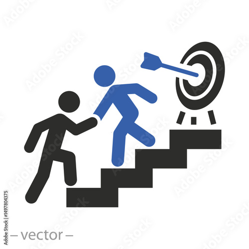 mentoring, mentor support for man climbs the stairs icon, help person with progress steps, flat vector illustration