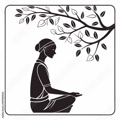 Woman meditating under a tree peaceful yoga silhouette nature