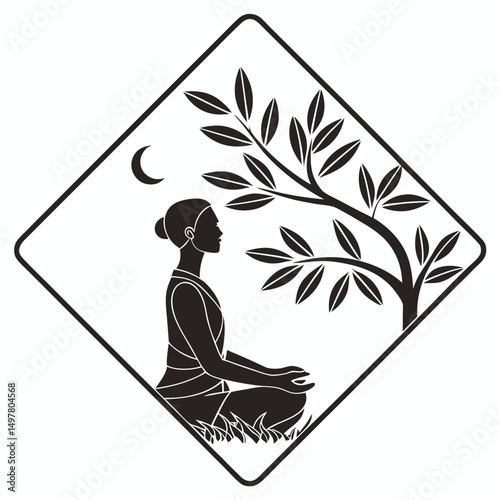 Woman meditating peacefully under a tree at night